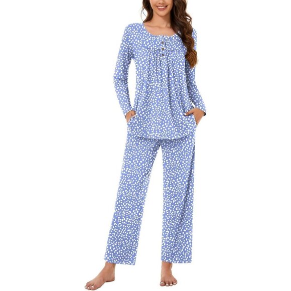 Other - Women's Spotted Blue 2pc Pajama Set - Long Sleeve Shirt & Long Pant w/Pockets